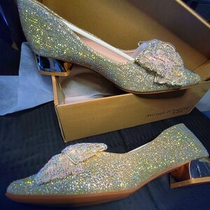 Sparkling Gold & AB Rhinestone Bow Pumps W/ Block Heel Size 10 (41) NIB